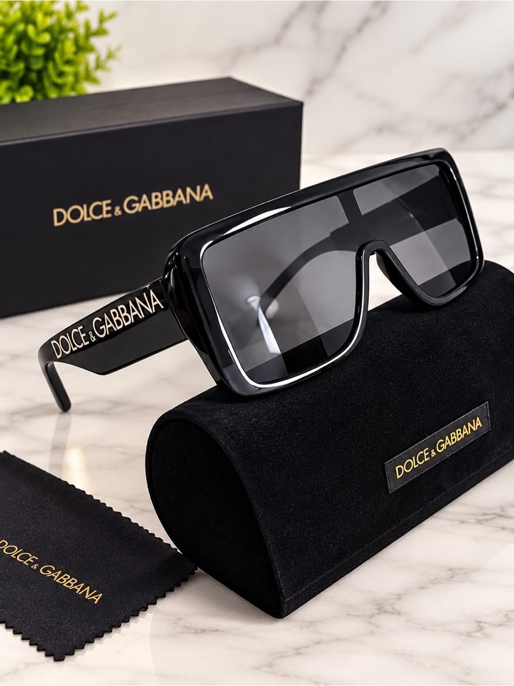 Dolce & Gabbana Gloss Black Shield Sunglasses with Logo Arms